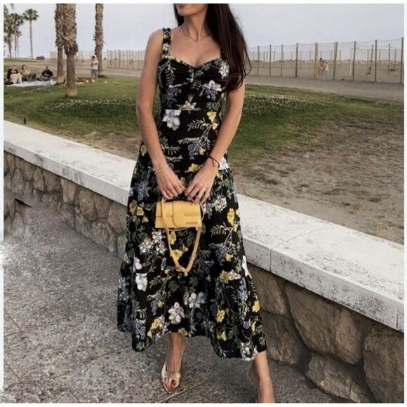 ZARA NWT WOMAN SS24 BLACK/YELLOW FLORAL PRINT MIDI DRESS Large $80 Ref 2157 052 - Picture 4 of 15